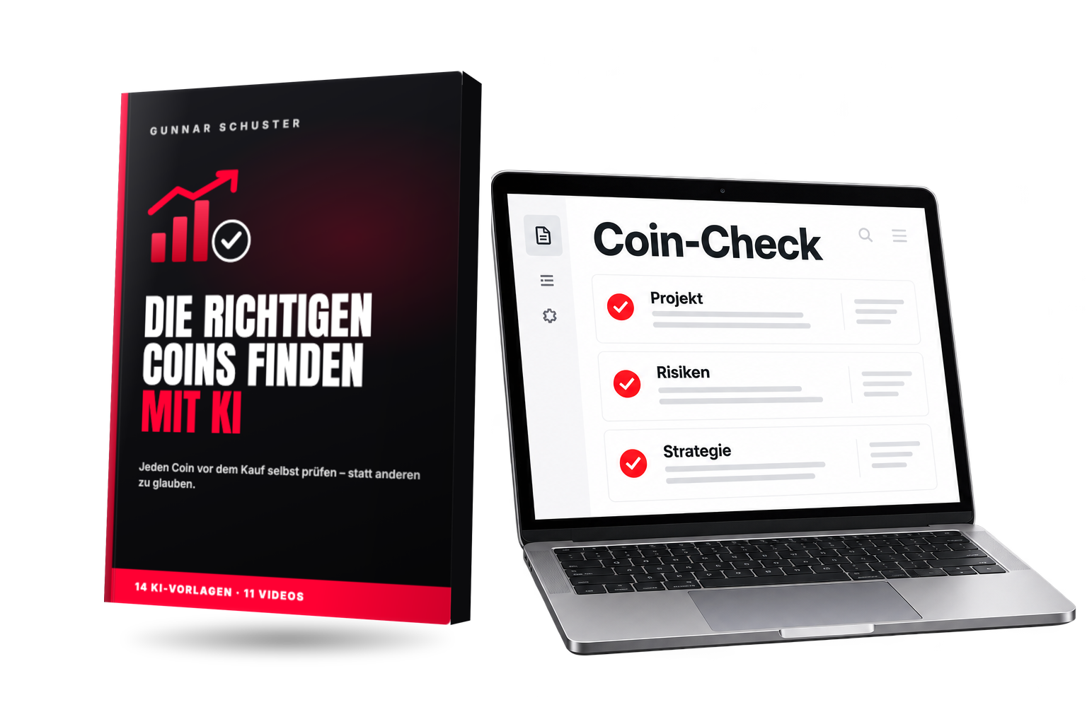 Die richtigen Coins finden mit KI: freigestellte 3D-Produktbox und Laptop mit Recherchevorlage